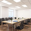 Modern Conference Room with Long Table Black Chairs White Walls Wooden Floor and City View