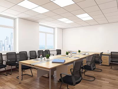 Modern Conference Room with Long Table Black Chairs White Walls Wooden Floor and City View 3d model