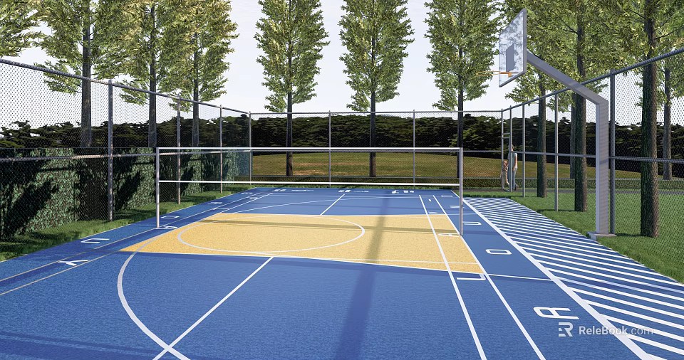Outdoor Basketball Court With Blue Yellow Surface White Lines Basketball Hoop Trees And Fence 3d model