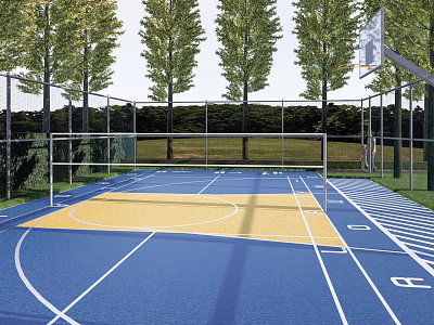 Outdoor Basketball Court With Blue Yellow Surface White Lines Basketball Hoop Trees And Fence 3d model