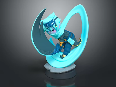 Mythical Blue Character With Creature Inspired Flowing Appendages And Goggles In Action Pose Design 3d model