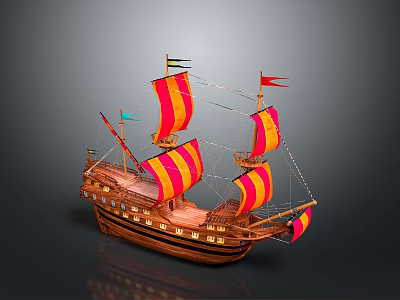 Vintage Wooden Sailing Ship with Red and Yellow Sails and Flags 3d model