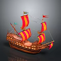 Vintage Wooden Sailing Ship with Red and Yellow Sails and Flags