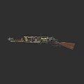 Vintage Style Rifle With Wooden Stock And Metal Components Featuring Yellow Red Details