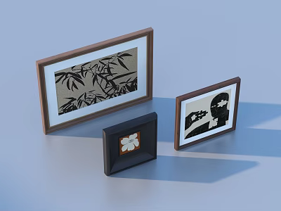 Wooden and Black Photo Frames with Bamboo and Flower Patterns for Home Decor 3d model