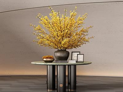 Elegant Console Table With Yellow Flower Bouquet Vase Photo Frames And Glass Top 3d model