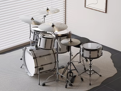 Full Size Drum Set With Cymbals On Rug In Room With White Wall And Blinds 3d model