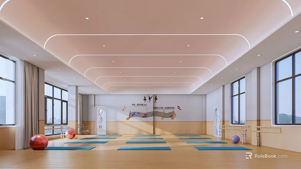 Spacious Yoga Studio With Wooden Floor Yoga Mats Exercise Balls And Windows 3d model 