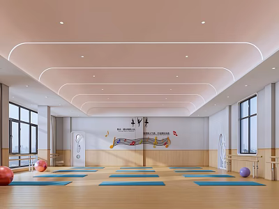 Spacious Yoga Studio With Wooden Floor Yoga Mats Exercise Balls And Windows 3d model