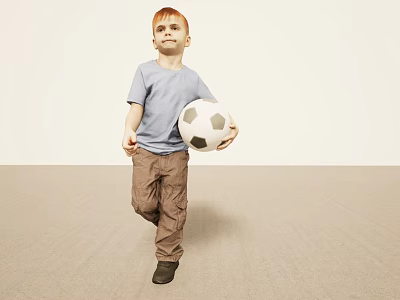Young Boy Walking With Soccer Ball In Casual Outfit 3d model