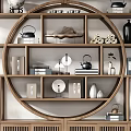 Chinese Style Wooden Antique Shelf Displaying Teapots Vases Books And Decorations With Green Plant