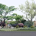 Lush Arbor Garden Landscape With Green Foliage Colorful Shrubs And Stone Decorations