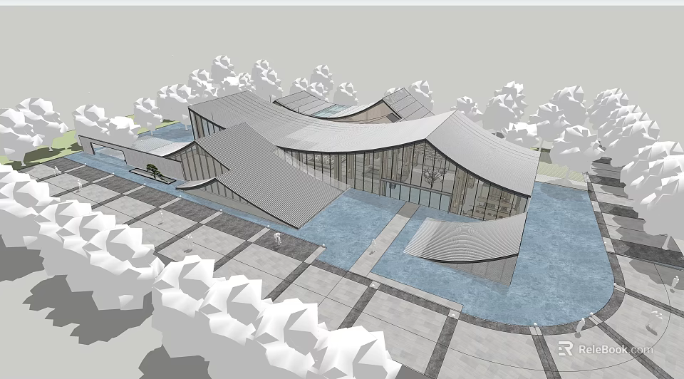 Modern Residential Building With Unique Curved Roof Design Surrounded By Water Features And Trees 3d model 
