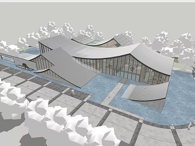 Modern Residential Building With Unique Curved Roof Design Surrounded By Water Features And Trees 3d model