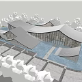 Modern Residential Building With Unique Curved Roof Design Surrounded By Water Features And Trees