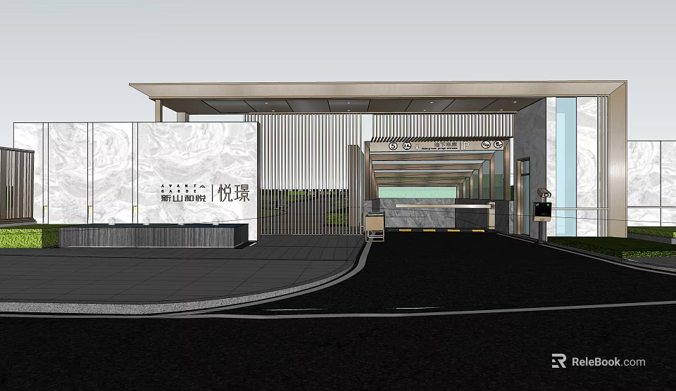 Modern Garden Landscape Entrance With Metal Grille Glass Curtain Wall And Driveway 3d model 