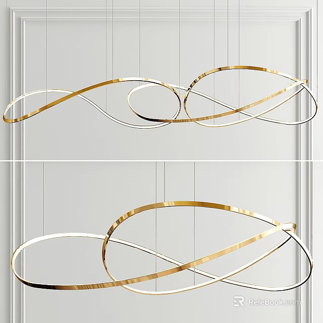 Modern Abstract Chandelier With Gold And Silver Metal Curved Lines Intertwined Wavy Design 3d model 
