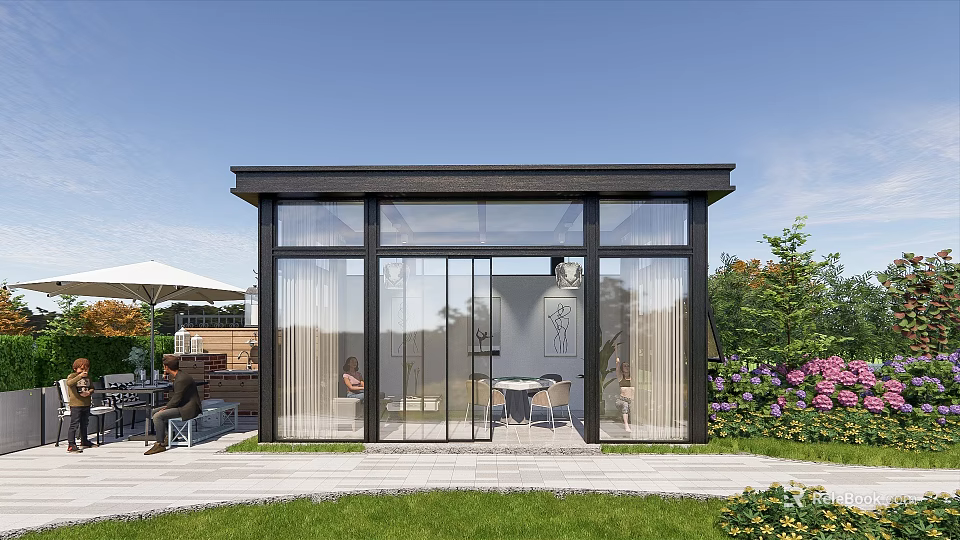 Modern Glass Pavilion with Transparent Walls and Garden Surroundings for Outdoor Leisure 3d model 
