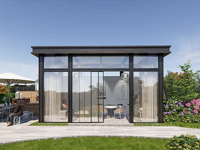 Modern Glass Pavilion with Transparent Walls and Garden Surroundings for Outdoor Leisure 3d model
