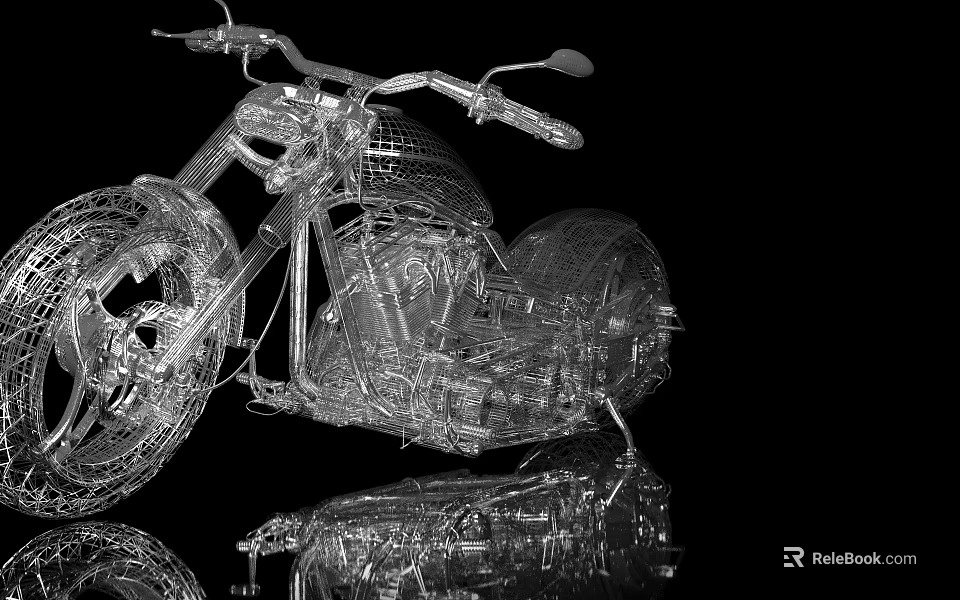 Highly Detailed Transparent 3D Motorcycle Model with Reflection on Black Background 3d model 