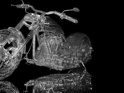 Highly Detailed Transparent 3D Motorcycle Model with Reflection on Black Background 3d model