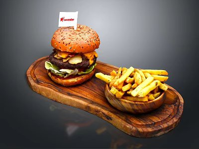 Delicious Krusty Hamburger With Beef Patty And Golden Fries On Wooden Tray 3d model
