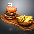 Delicious Krusty Hamburger With Beef Patty And Golden Fries On Wooden Tray