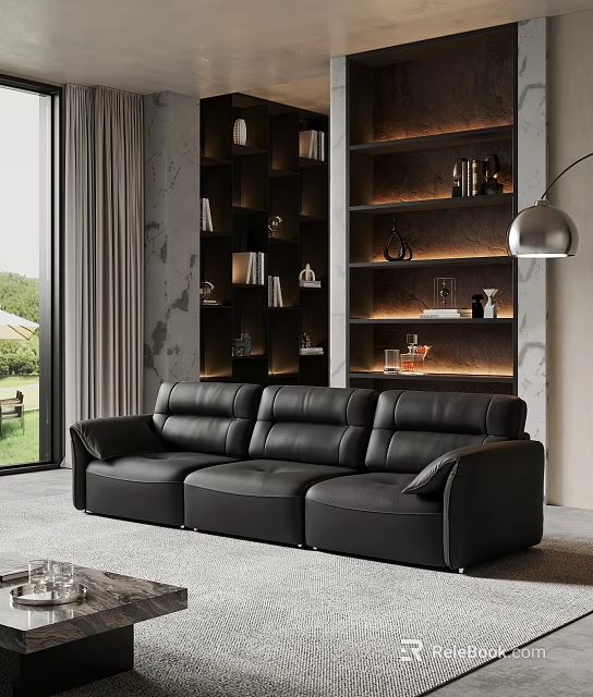 Modern Black Leather Sofa Coffee Table Combination In Living Room With Bookshelves And Floor Lamp 3d model 