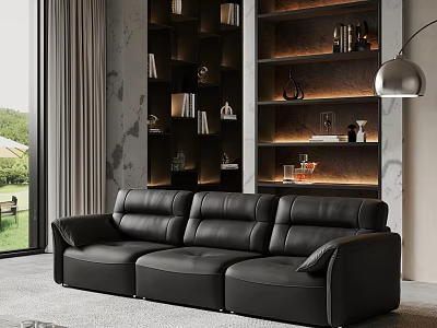 Modern Black Leather Sofa Coffee Table Combination In Living Room With Bookshelves And Floor Lamp 3d model