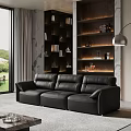 Modern Black Leather Sofa Coffee Table Combination In Living Room With Bookshelves And Floor Lamp