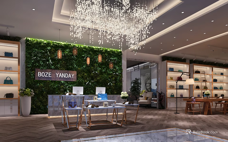 BOZE YANDAY Boutique Modern Decor With Green Wall Reception Desk Chandelier And Display Shelves 3d model 