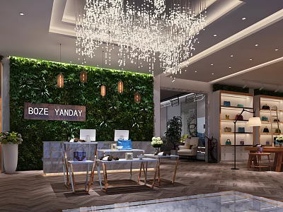 BOZE YANDAY Boutique Modern Decor With Green Wall Reception Desk Chandelier And Display Shelves 3d model