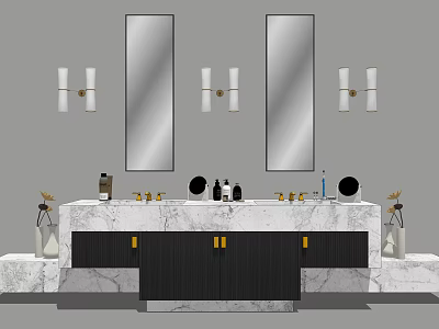 Elegant Bathroom Vanity with Double Sinks Marble Countertop Black Cabinets and Wall Sconces 3d model