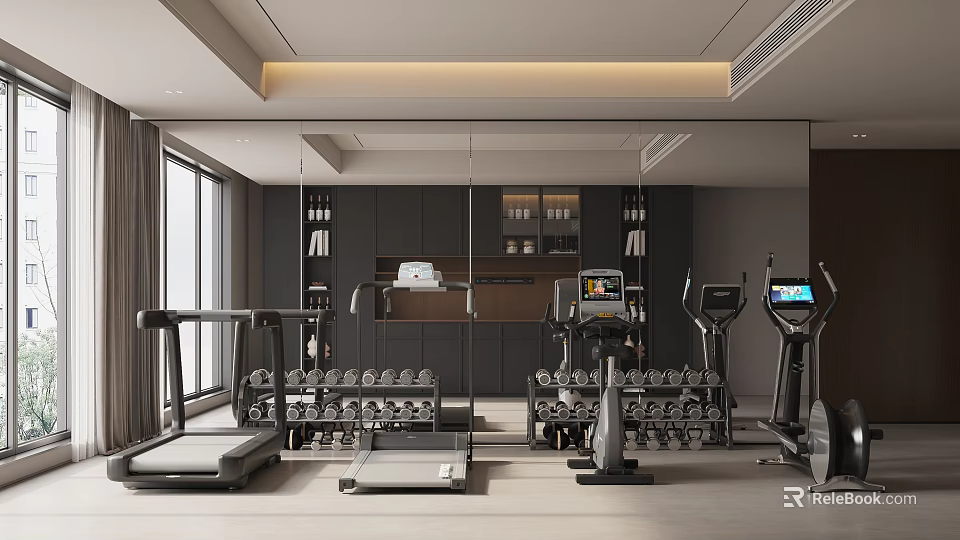 Modern Gym Interior With Treadmills Dumbbells Spacious Layout And Mirrored Walls 3d model 
