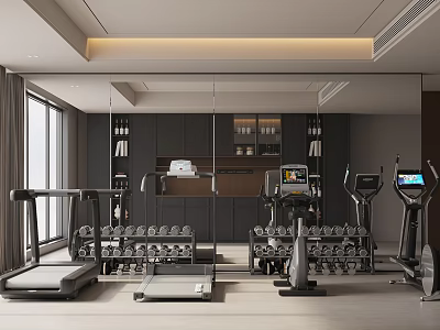 Modern Gym Interior With Treadmills Dumbbells Spacious Layout And Mirrored Walls 3d model