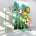 Colorful Birdhouses With Arched Window Frame In Green Garden Decorative Setup