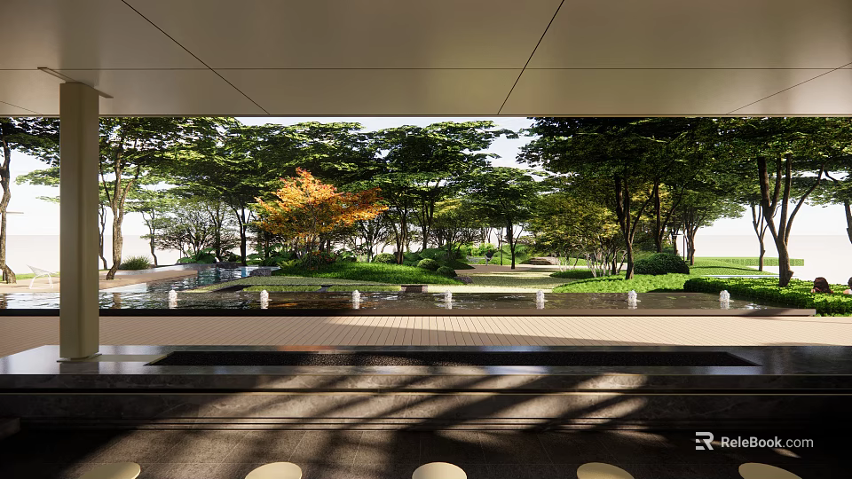 Tranquil Garden Landscape With Lush Trees Water Feature And Sunlit Pathway 3d model 