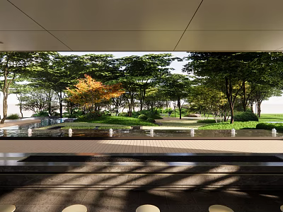 Tranquil Garden Landscape With Lush Trees Water Feature And Sunlit Pathway 3d model