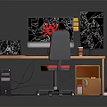 Wooden Office Desk With Ergonomic Chair Three Monitors Drawer And Storage