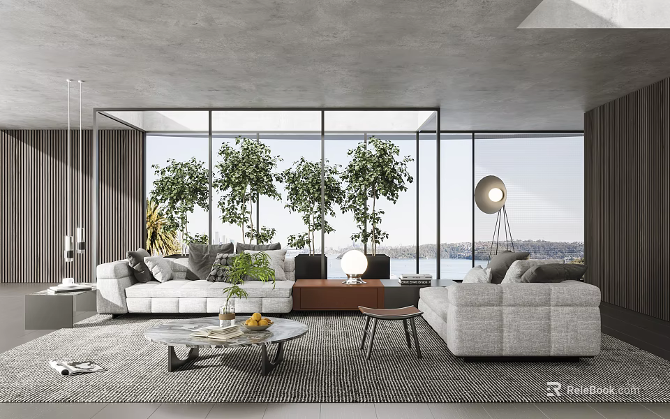 Modern Living Room With Large Windows Trees Outside Sofa Coffee Table And Floor Lamp 3d model 