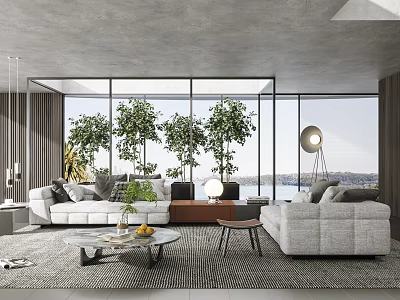 Modern Living Room With Large Windows Trees Outside Sofa Coffee Table And Floor Lamp 3d model