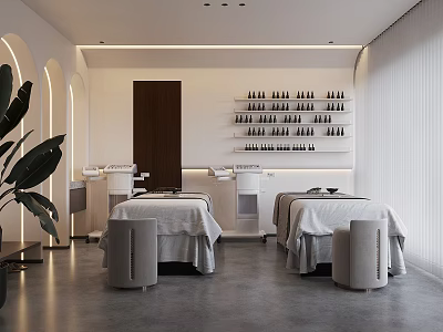Modern Beauty Salon Interior With Treatment Beds Product Shelves And Large Green Plant 3d model