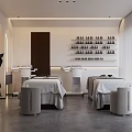 Modern Beauty Salon Interior With Treatment Beds Product Shelves And Large Green Plant