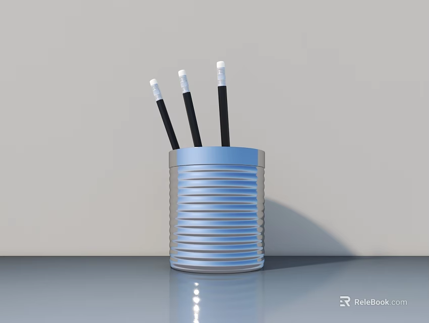 Silver Striped Metal Pen Holder With Black Pens White Tips On Gray Desktop 3d model 