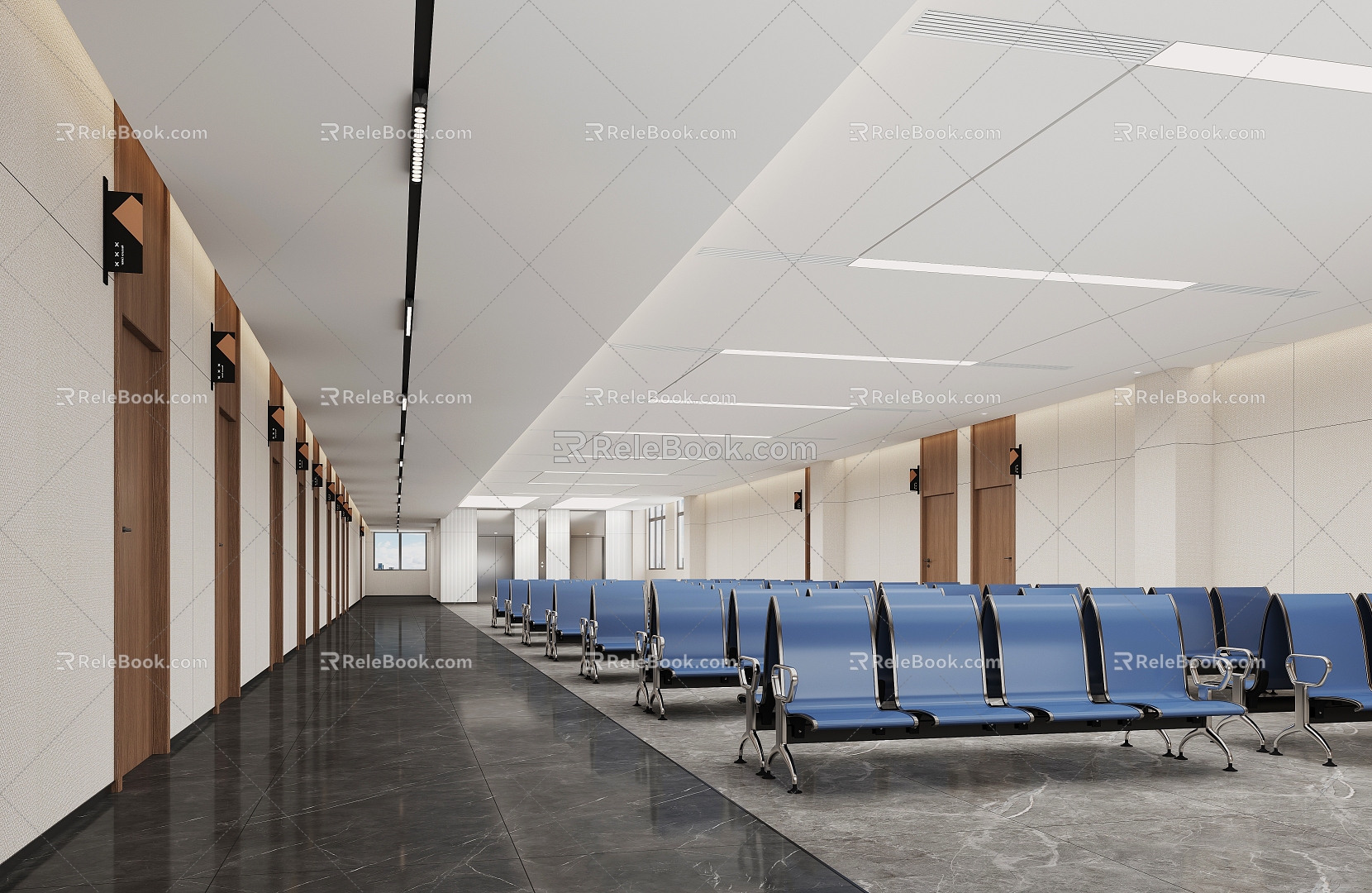 Public row seats in hospital office hall 3d model