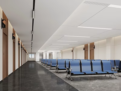 Modern Elevator Corridor Design With Blue Seats And Ceiling Lights 3d model