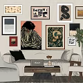 Light Sofa And Wooden Coffee Table Set With Throw Pillows Framed Art And Accent Chair