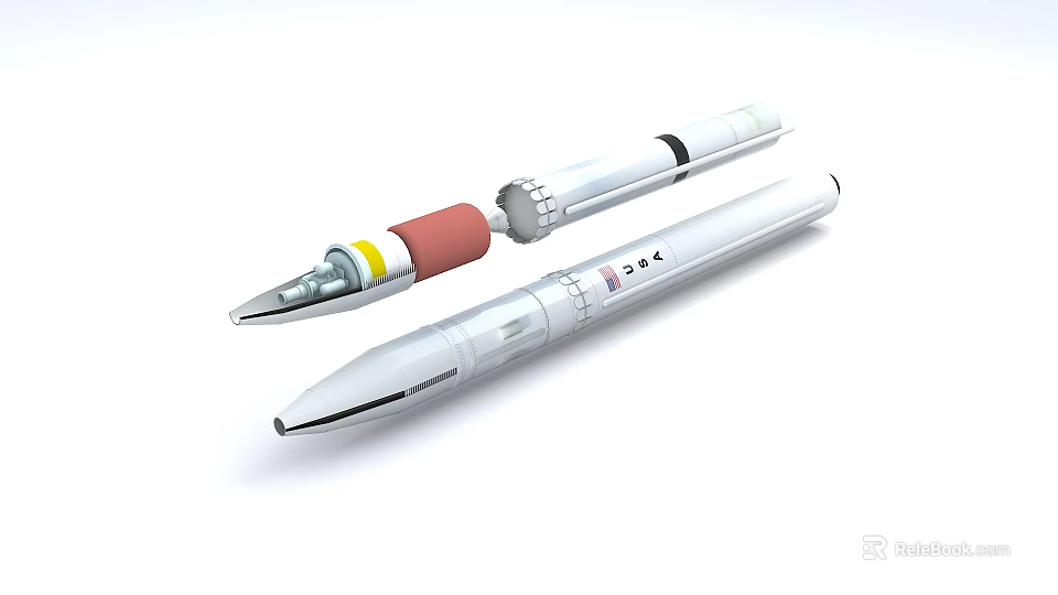 White Missile Weapon With Red Warhead USA Logo And Separated Booster Sections 3d model 