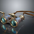 Vintage Binoculars With Ornate Metal Body Leather Strap And Blue Glass Lenses