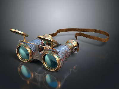 Vintage Binoculars With Ornate Metal Body Leather Strap And Blue Glass Lenses 3d model